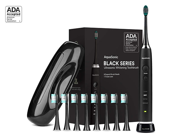 AquaSonic Black Series Toothbrush & Travel Case with 8 Dupont Brush Heads | StackSocial